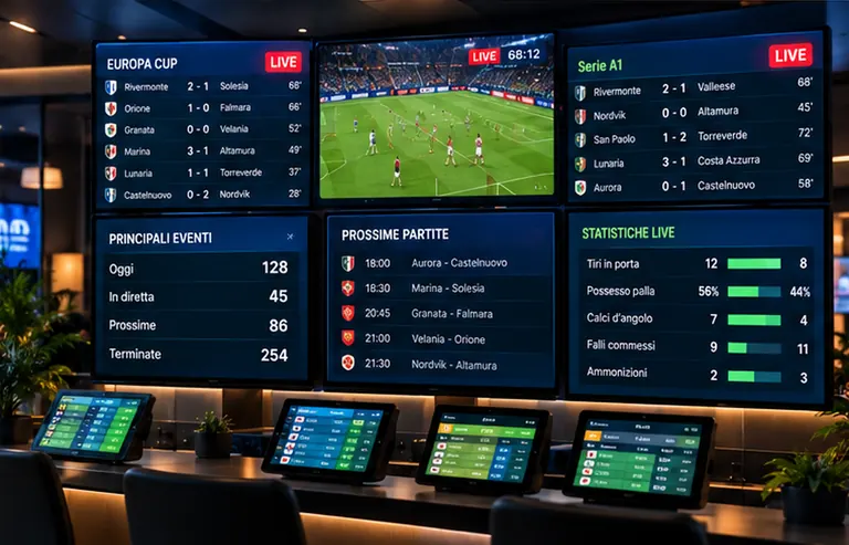 I monitor di una sala con risultati, prossime partite e statistiche